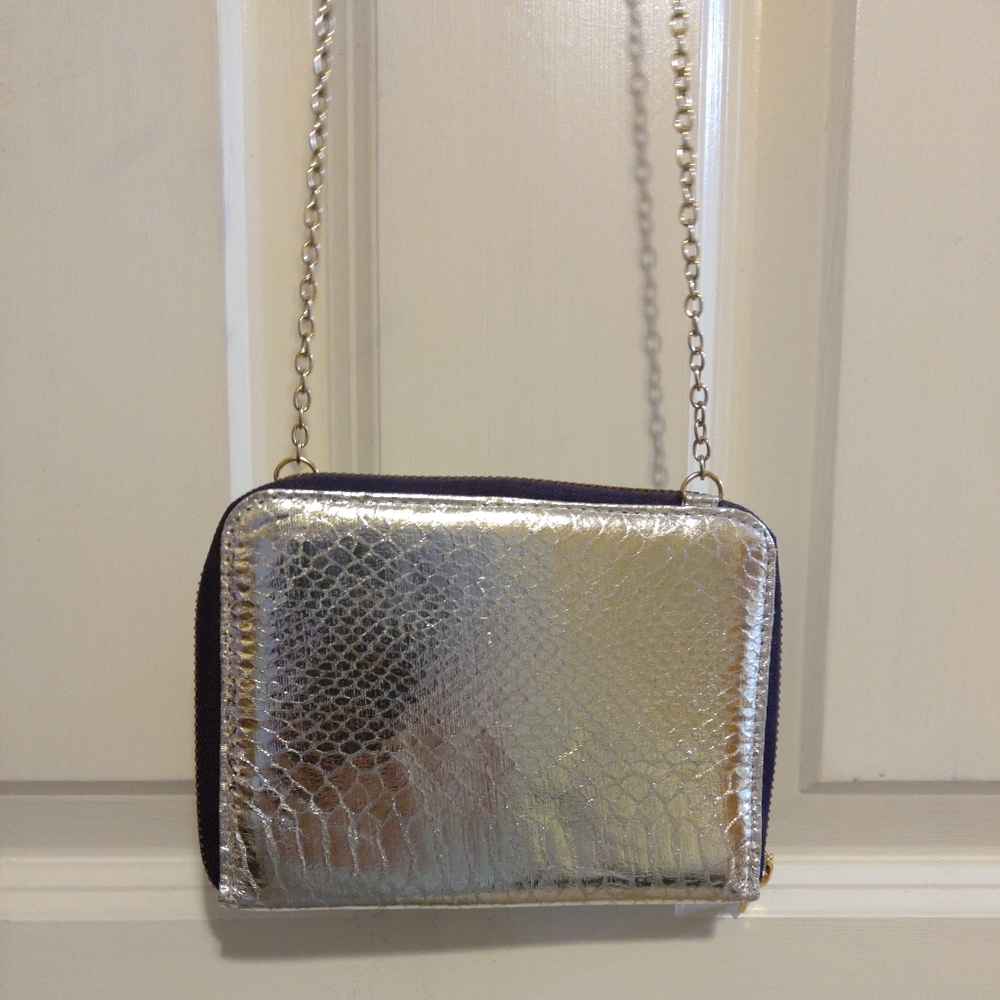 Tarte Silver Animal Print Wallet on a Chain, purple interior with mirror